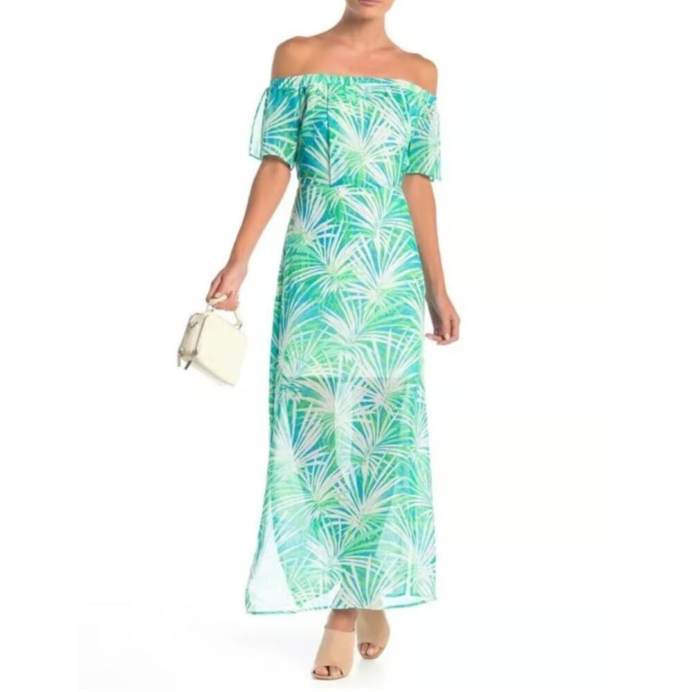 CeCe Off-The-Shoulder Floral Maxi Dress 8 Laguna Blue Lined Festival Brunch